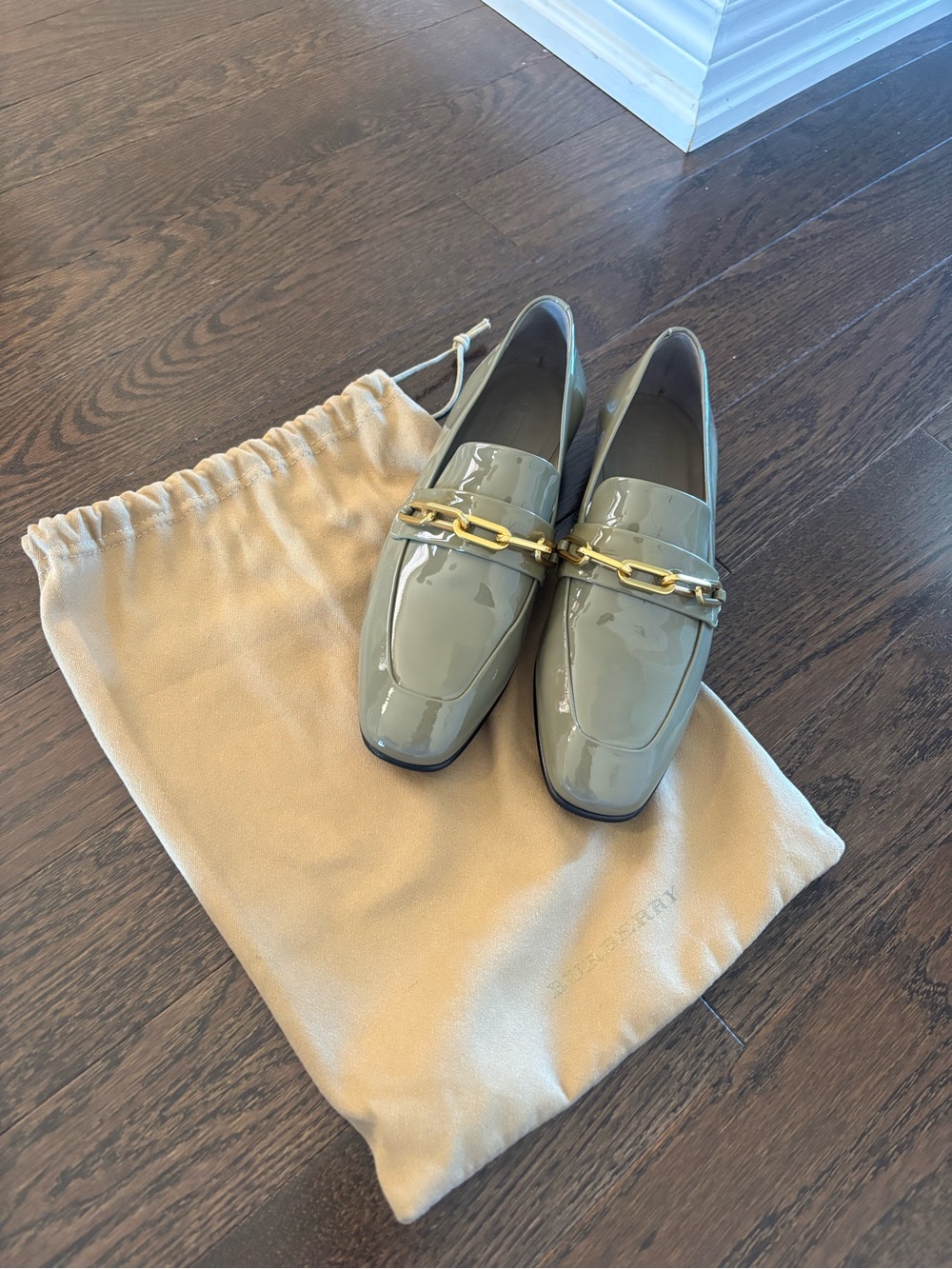 Burberry Patent Leather Loafers in Sage Green with Gold Chain